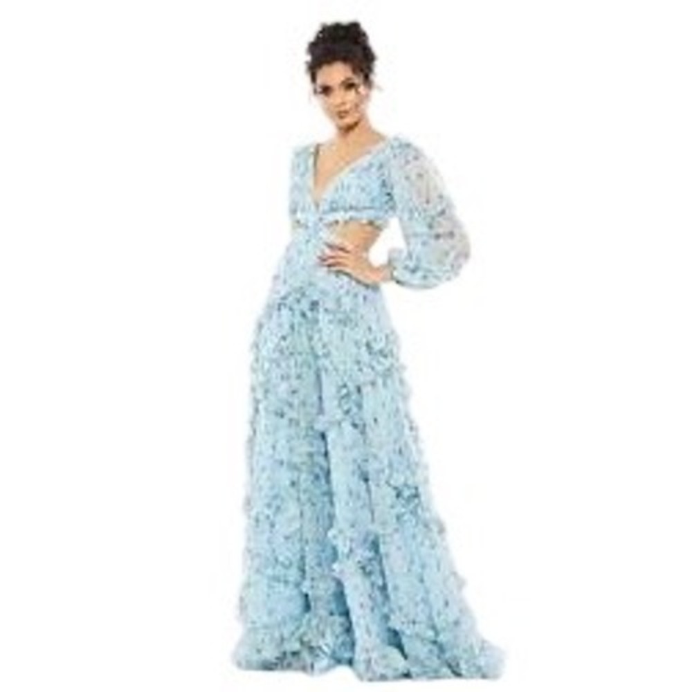 Mac Duggal 70249 Floral Cutout Ruffle Maxi Gown Blue Size 0